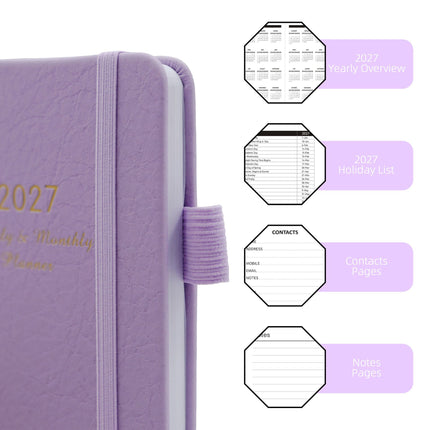 2027 Green Weekly & Monthly Planner - Compact 18 x 10 cm English Schedule Book, 144 Pages with Yearly Overview, Monthly Planning, Notes, Pen Loop and Elastic Closure