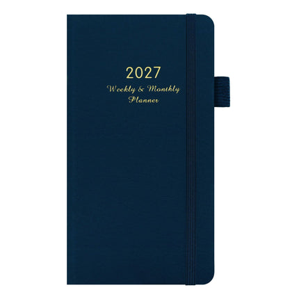 2027 Dark Blue Weekly & Monthly Planner - Compact 18 x 10 cm English Schedule Book, 144 Pages with Yearly Overview, Monthly Planning, Notes, Pen Loop and Elastic Closure