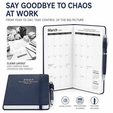 2027 Dark Blue Weekly & Monthly Planner - Compact 18 x 10 cm English Schedule Book, 144 Pages with Yearly Overview, Monthly Planning, Notes, Pen Loop and Elastic Closure