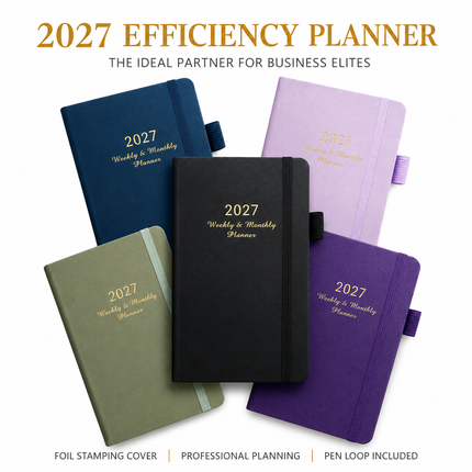 2027 Dark Blue Weekly & Monthly Planner - Compact 18 x 10 cm English Schedule Book, 144 Pages with Yearly Overview, Monthly Planning, Notes, Pen Loop and Elastic Closure