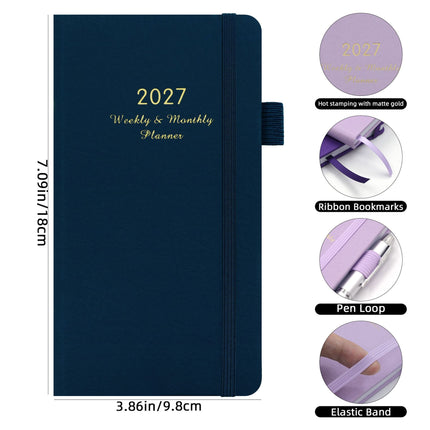 2027 Dark Blue Weekly & Monthly Planner - Compact 18 x 10 cm English Schedule Book, 144 Pages with Yearly Overview, Monthly Planning, Notes, Pen Loop and Elastic Closure