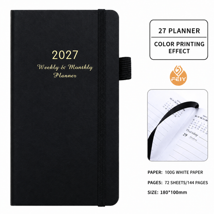 2027 Dark Blue Weekly & Monthly Planner - Compact 18 x 10 cm English Schedule Book, 144 Pages with Yearly Overview, Monthly Planning, Notes, Pen Loop and Elastic Closure
