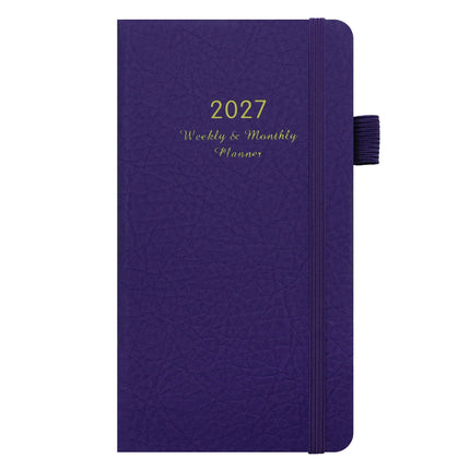 2027 Dark Purple Weekly & Monthly Planner - Compact 18 x 10 cm English Schedule Book, 144 Pages with Yearly Overview, Monthly Planning, Notes, Pen Loop and Elastic Closure