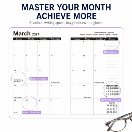 2027 Dark Purple Weekly & Monthly Planner - Compact 18 x 10 cm English Schedule Book, 144 Pages with Yearly Overview, Monthly Planning, Notes, Pen Loop and Elastic Closure