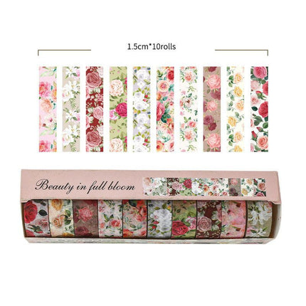 10-Roll Floral Washi Tape Set (Style 1) - 15 mm x 2 m Decorative Flower Pattern Craft Tape for Journaling, Scrapbooking, Planner Decoration and DIY Projects