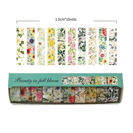 10-Roll Floral Washi Tape Set (Style 2) - 15 mm x 2 m Decorative Flower Pattern Craft Tape for Journaling, Scrapbooking, Planner Decoration and DIY Projects