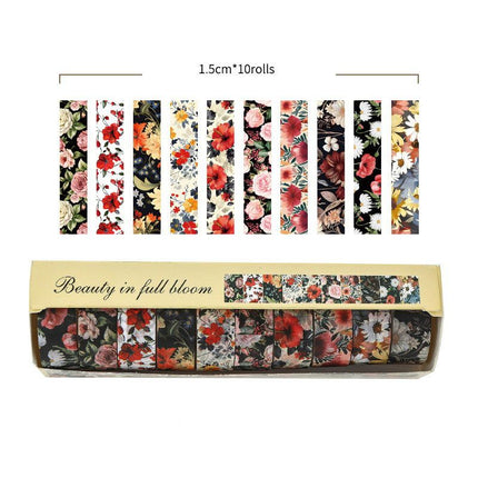 10-Roll Floral Washi Tape Set (Style 3) - 15 mm x 2 m Decorative Flower Pattern Craft Tape for Journaling, Scrapbooking, Planner Decoration and DIY Projects
