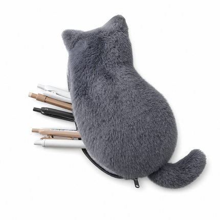 Gray Plush Cat Pencil Case - Soft Furry Cat-Shaped Zipper Pouch with Tail, Spacious Stationery Storage Bag for Pens, Pencils, Cosmetics and Everyday Accessories
