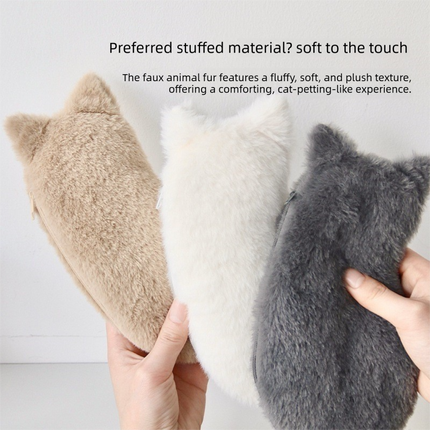 Gray Plush Cat Pencil Case - Soft Furry Cat-Shaped Zipper Pouch with Tail, Spacious Stationery Storage Bag for Pens, Pencils, Cosmetics and Everyday Accessories