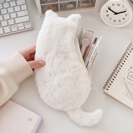 White Plush Cat Pencil Case - Soft Furry Cat-Shaped Zipper Pouch with Tail, Spacious Stationery Storage Bag for Pens, Pencils, Cosmetics and Everyday Accessories