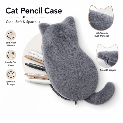 White Plush Cat Pencil Case - Soft Furry Cat-Shaped Zipper Pouch with Tail, Spacious Stationery Storage Bag for Pens, Pencils, Cosmetics and Everyday Accessories