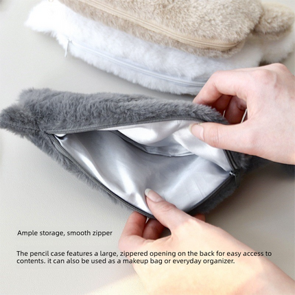 White Plush Cat Pencil Case - Soft Furry Cat-Shaped Zipper Pouch with Tail, Spacious Stationery Storage Bag for Pens, Pencils, Cosmetics and Everyday Accessories