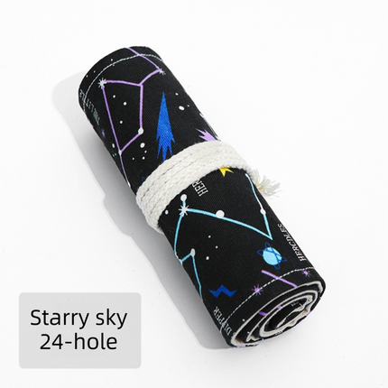 Starry Sky Roll-Up Pencil Case - 24-Slot Canvas Pencil Wrap, 34 x 20 cm Portable Tie Closure Storage for Drawing, Sketching and Art Supplies
