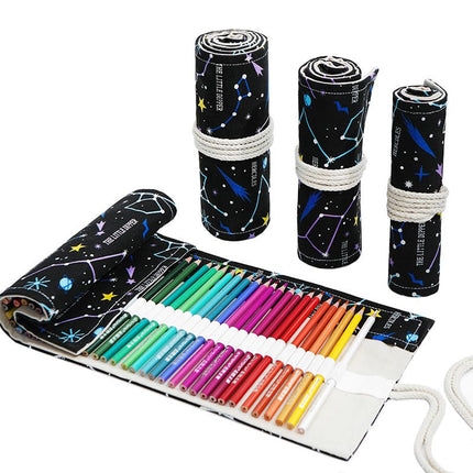 Starry Sky Roll-Up Pencil Case - 24-Slot Canvas Pencil Wrap, 34 x 20 cm Portable Tie Closure Storage for Drawing, Sketching and Art Supplies