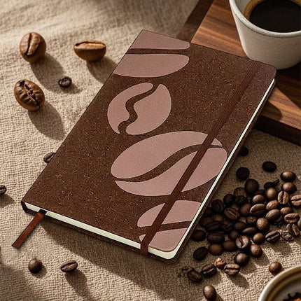 Coffee Pattern Hardcover Notebook - 90 Sheets / 180 Lined Pages, 100gsm Cream Paper with Elastic Closure and Ribbon Bookmark for Notes, Meetings and Journaling