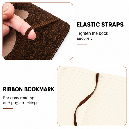 Coffee Pattern Hardcover Notebook - 90 Sheets / 180 Lined Pages, 100gsm Cream Paper with Elastic Closure and Ribbon Bookmark for Notes, Meetings and Journaling