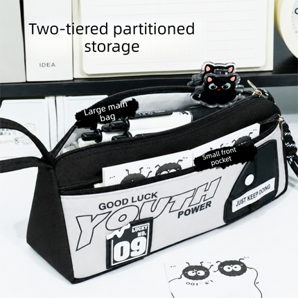 1-Pack Large Capacity Double-Zip Pencil Case (Black and white color blocking)- Stationery Storage Pouch with Front Pocket, Wrist Strap and 3D Patch, 22 x 6.5 x 10 cm