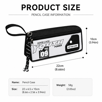 1-Pack Large Capacity Double-Zip Pencil Case (Black and white color blocking)- Stationery Storage Pouch with Front Pocket, Wrist Strap and 3D Patch, 22 x 6.5 x 10 cm