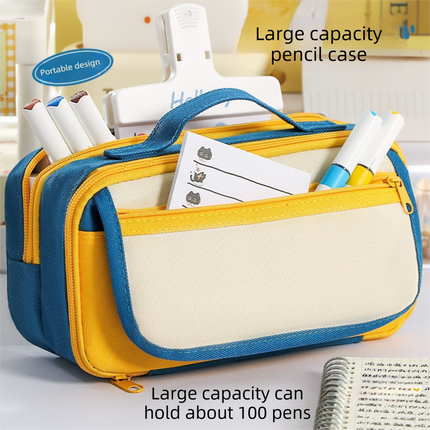 Large Capacity Multi-Layer Pencil Case with Handle - Blue Contrast Stationery Storage Bag with Multiple Compartments, Magnetic Front Pocket, 21 x 10.5 x 6 cm
