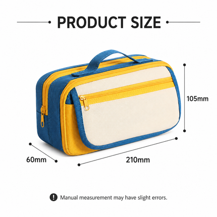 Large Capacity Multi-Layer Pencil Case with Handle - Blue Contrast Stationery Storage Bag with Multiple Compartments, Magnetic Front Pocket, 21 x 10.5 x 6 cm