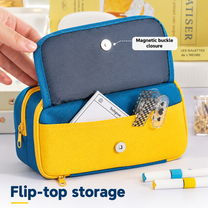 Large Capacity Multi-Layer Pencil Case with Handle - Blue Contrast Stationery Storage Bag with Multiple Compartments, Magnetic Front Pocket, 21 x 10.5 x 6 cm