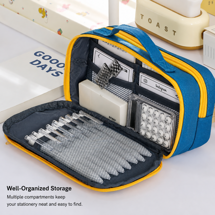 Large Capacity Multi-Layer Pencil Case with Handle - Red Contrast Stationery Storage Bag with Multiple Compartments, Magnetic Front Pocket, 21 x 10.5 x 6 cm