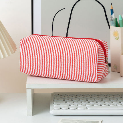 Large Capacity Striped Pencil Case - Red and White Fabric Stationery Storage Pouch with Smooth Zipper, 21 x 7.5 x 8 cm for Pens, Pencils and Desk Organisation