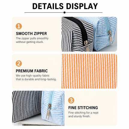 Large Capacity Striped Pencil Case - Red and White Fabric Stationery Storage Pouch with Smooth Zipper, 21 x 7.5 x 8 cm for Pens, Pencils and Desk Organisation
