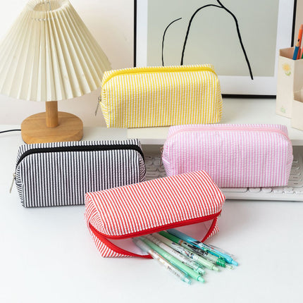 Large Capacity Striped Pencil Case - Red and White Fabric Stationery Storage Pouch with Smooth Zipper, 21 x 7.5 x 8 cm for Pens, Pencils and Desk Organisation