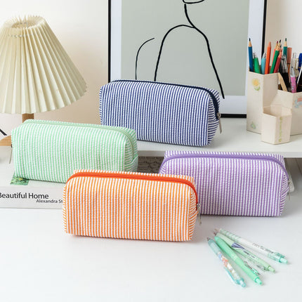 Large Capacity Striped Pencil Case - Red and White Fabric Stationery Storage Pouch with Smooth Zipper, 21 x 7.5 x 8 cm for Pens, Pencils and Desk Organisation
