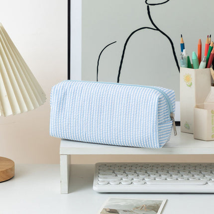 Large Capacity Striped Pencil Case - Blue and White Fabric Stationery Storage Pouch with Smooth Zipper, 21 x 7.5 x 8 cm for Pens, Pencils and Desk Organisation