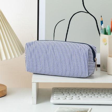 Large Capacity Striped Pencil Case - Navy and White Fabric Stationery Storage Pouch with Smooth Zipper, 21 x 7.5 x 8 cm for Pens, Pencils and Desk Organisation