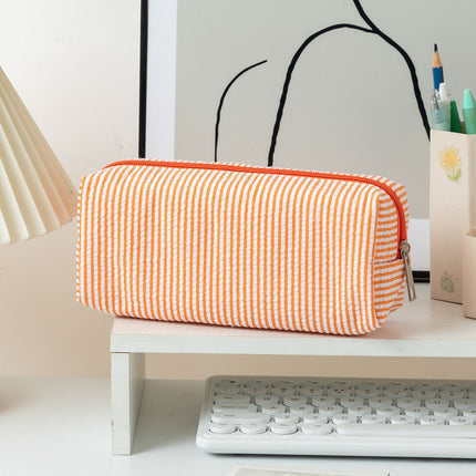 Large Capacity Striped Pencil Case - Orange and White Fabric Stationery Storage Pouch with Smooth Zipper, 21 x 7.5 x 8 cm for Pens, Pencils and Desk Organisation