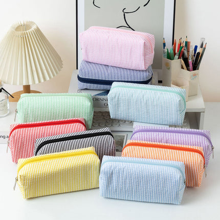 Large Capacity Striped Pencil Case - Orange and White Fabric Stationery Storage Pouch with Smooth Zipper, 21 x 7.5 x 8 cm for Pens, Pencils and Desk Organisation