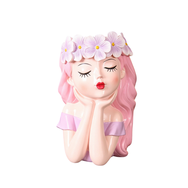 Girl Resin Planter Pot - 17 Cm Decorative Flower Crown Face Planter