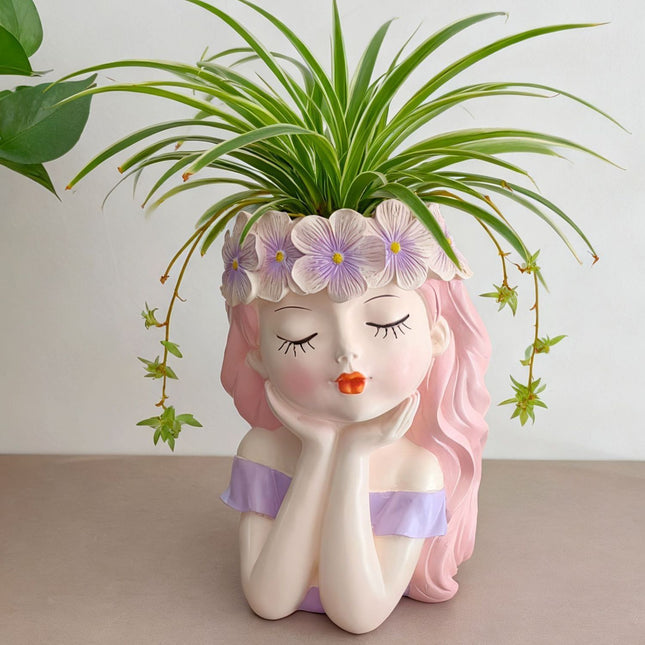 Girl Resin Planter Pot - 17 Cm Decorative Flower Crown Face Planter