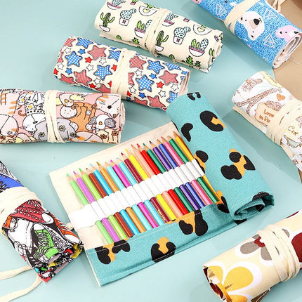 108-Slot Cat Print Canvas Pencil Roll - Large Capacity Roll-Up Pencil Case with Individual Holders and Tie Closure for Coloured Pencils, Drawing and Sketching