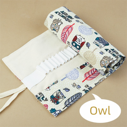 108-Slot Print Canvas Pencil Roll (Owl)- Large Capacity Roll-Up Pencil Case with Individual Holders and Tie Closure for Coloured Pencils, Drawing and Sketching