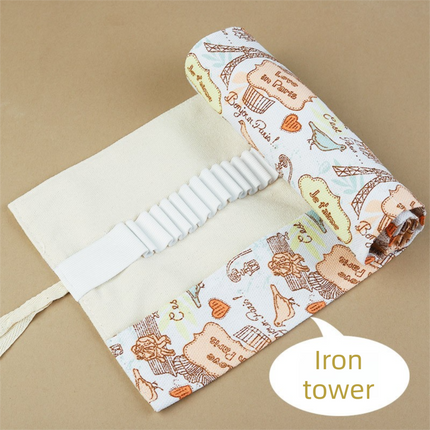 108-Slot Print Canvas Pencil Roll (Eiffel Tower)- Large Capacity Roll-Up Pencil Case with Individual Holders and Tie Closure for Coloured Pencils, Drawing and Sketching