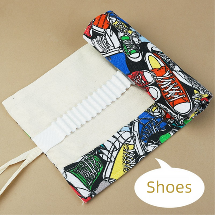108-Slot Print Canvas Pencil Roll (Shoes)- Large Capacity Roll-Up Pencil Case with Individual Holders and Tie Closure for Coloured Pencils, Drawing and Sketching