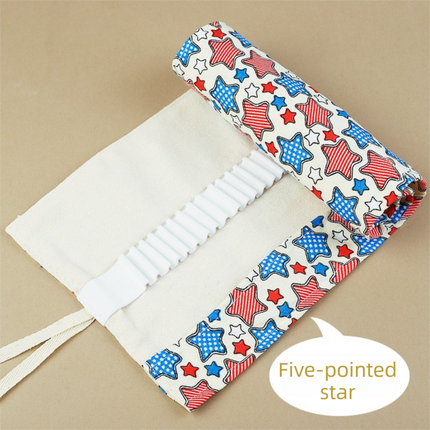 108-Slot Print Canvas Pencil Roll (Five-pointed star)- Large Capacity Roll-Up Pencil Case with Individual Holders and Tie Closure for Coloured Pencils, Drawing and Sketching