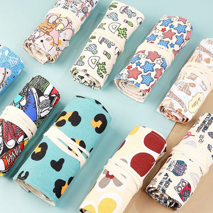 108-Slot Print Canvas Pencil Roll (Blue stripes)- Large Capacity Roll-Up Pencil Case with Individual Holders and Tie Closure for Coloured Pencils, Drawing and Sketching