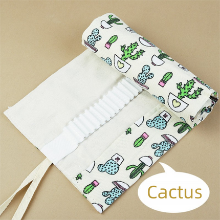 108-Slot Print Canvas Pencil Roll (Cactus)- Large Capacity Roll-Up Pencil Case with Individual Holders and Tie Closure for Coloured Pencils, Drawing and Sketching