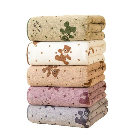Beige 5-Piece Soft Absorbent Towel Set - Bear Print Face and Bath Towels with Bound Edges, Soft Quick-Drying Towels for Bathroom, Home and Everyday Use
