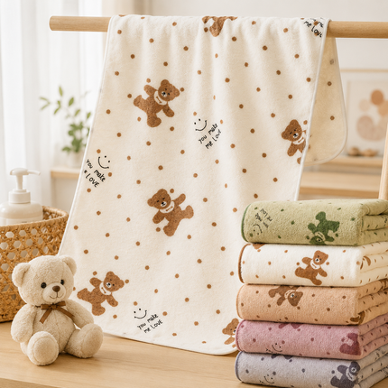 Gray 5-Piece Soft Absorbent Towel Set - Bear Print Face and Bath Towels with Bound Edges, Soft Quick-Drying Towels for Bathroom, Home and Everyday Use