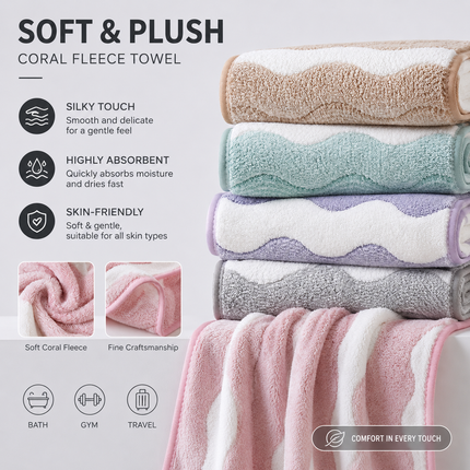 Pink 5-Pack Wave Pattern Towels - Thick Soft Absorbent Face Towels with Bound Edges, Quick-Drying Skin-Friendly Towels for Bathroom, Washing and Shower Use