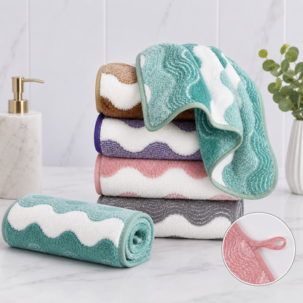 Pink 5-Pack Wave Pattern Towels - Thick Soft Absorbent Face Towels with Bound Edges, Quick-Drying Skin-Friendly Towels for Bathroom, Washing and Shower Use