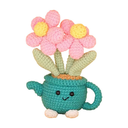 Handmade Crochet Flower Pot - Green Watering Can Planter with Cute Flowers and Leaves, Knitted Artificial Floral Ornament for Home Office Desk Decor and Gift