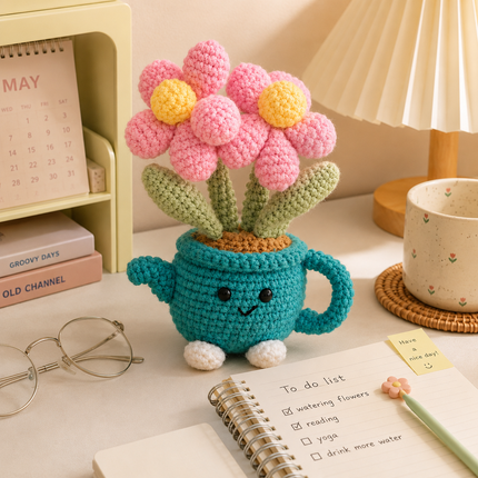 Handmade Crochet Flower Pot - Green Watering Can Planter with Cute Flowers and Leaves, Knitted Artificial Floral Ornament for Home Office Desk Decor and Gift