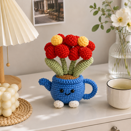 Handmade Crochet Flower Pot - Blue Watering Can Planter with Cute Flowers and Leaves, Knitted Artificial Floral Ornament for Home Office Desk Decor and Gift